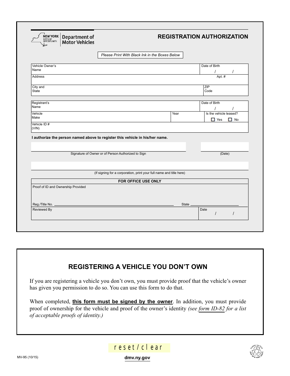 Form MV-95 Registration Authorization - New York, Page 1