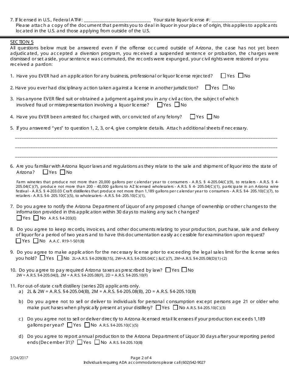 Application for Out-of-State Producer Liquor Licenses - Arizona, Page 2