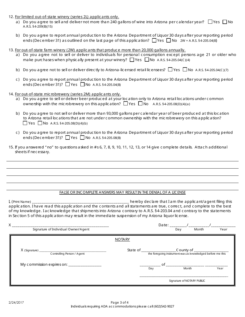 Application for Out-of-State Producer Liquor Licenses - Arizona, Page 3