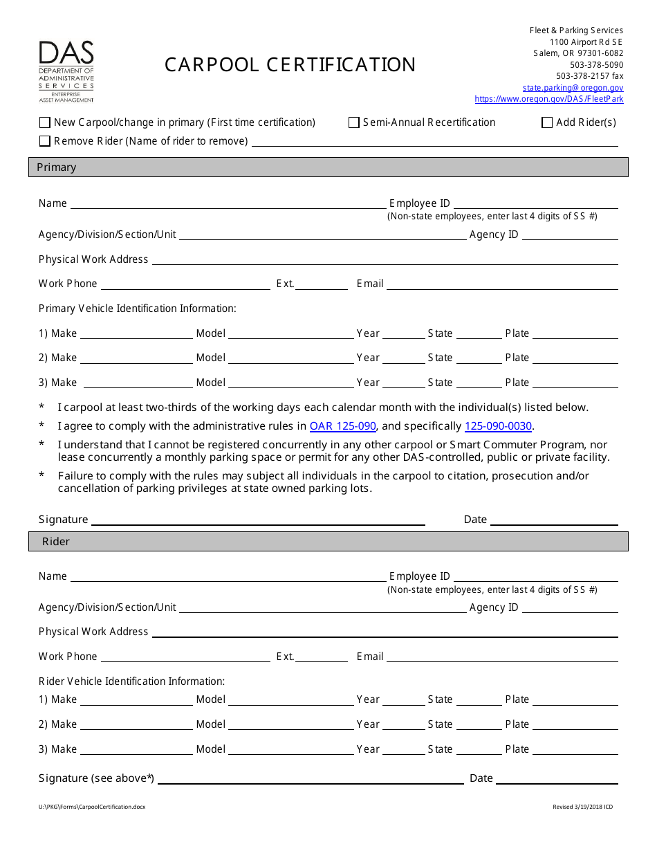 Carpool Certification Form - Oregon, Page 1