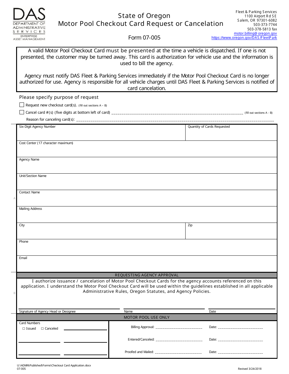 Form 07-005 Motor Pool Checkout Card Request or Cancelation - Oregon, Page 1