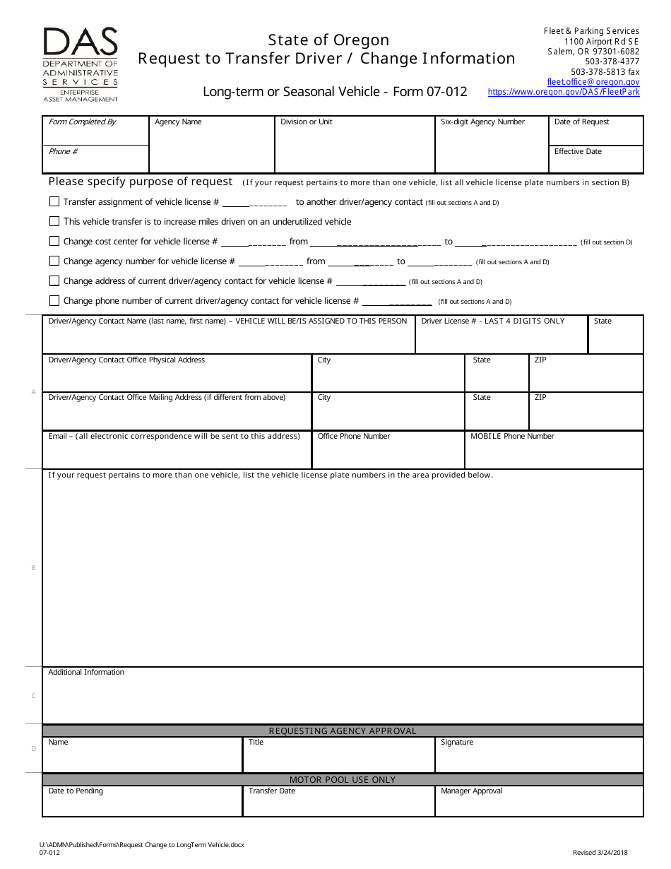 Form 07-012 Request to Transfer Driver / Change Information - Long-Term or Seasonal Vehicle - Oregon, Page 1