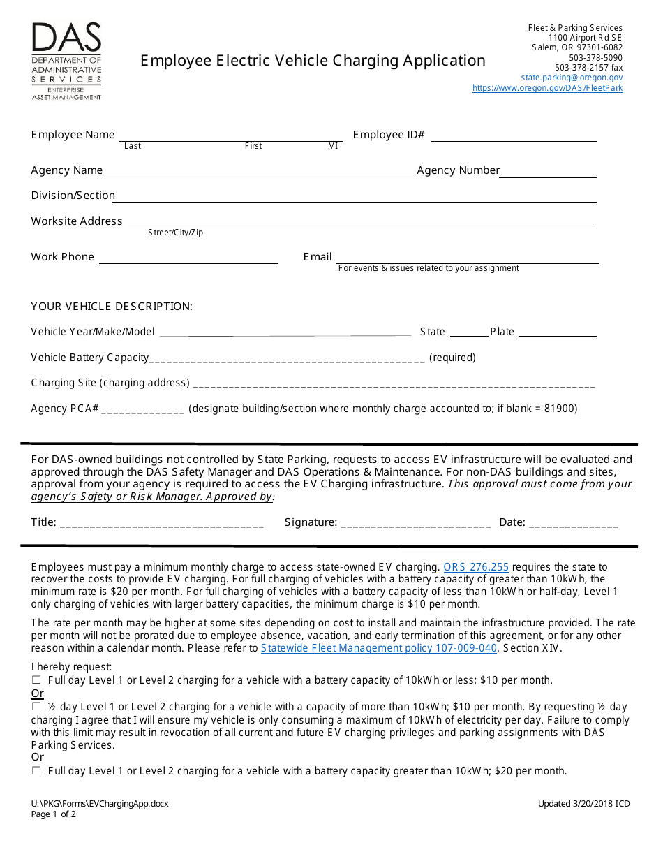 Oregon Employee Electric Vehicle Charging Application Form Fill Out