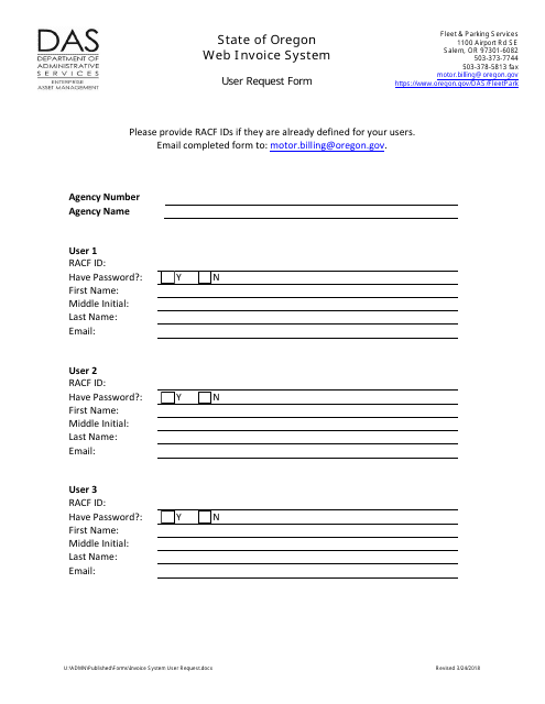 Invoice System User Request Form - Oregon Download Pdf