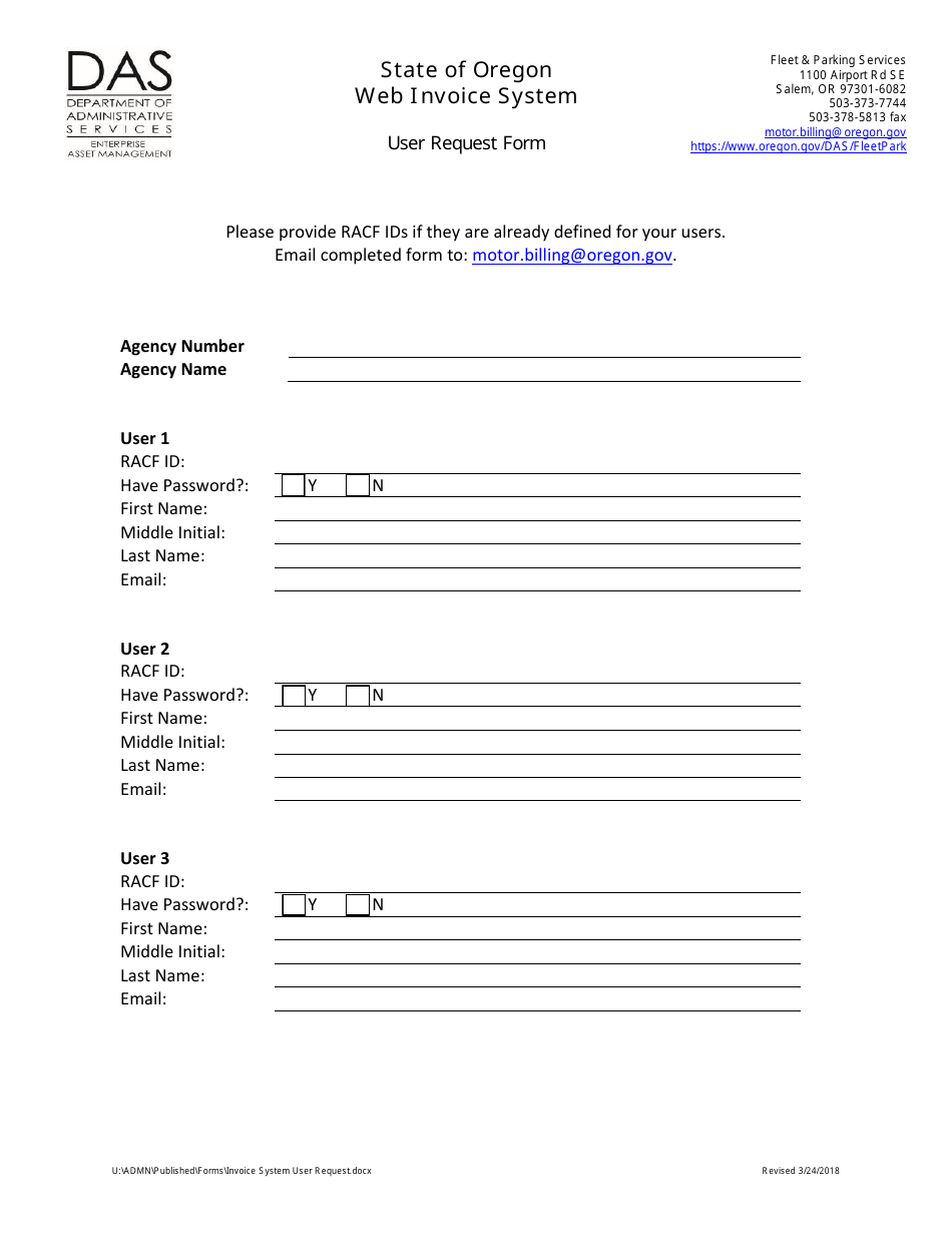 Invoice System User Request Form - Oregon, Page 1