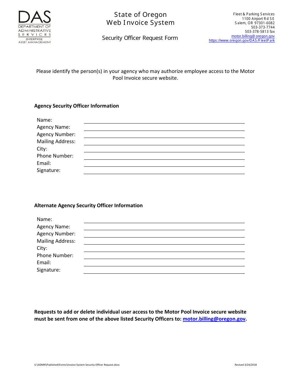 Invoice System Security Officer Request Form - Oregon, Page 1
