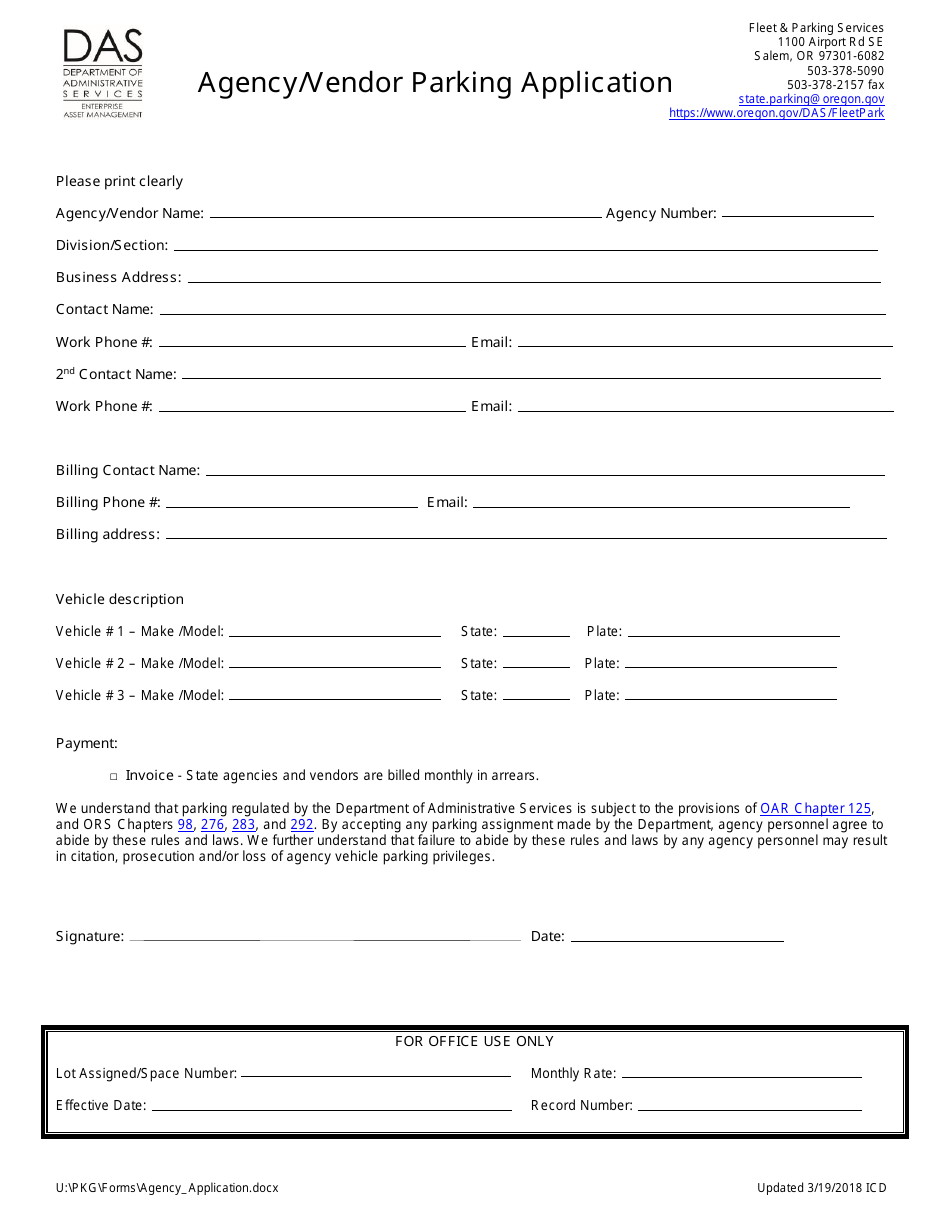 Agency / Vendor Parking Application Form - Oregon, Page 1