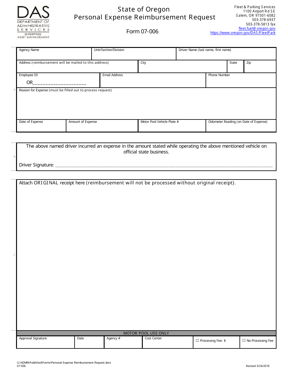 Form 07-006 Personal Expense Reimbursement Request - Oregon, Page 1
