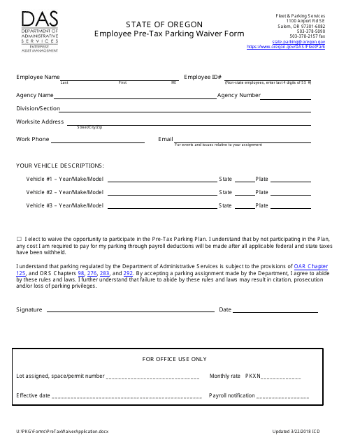 Employee Pre-tax Parking Waiver Form - Oregon