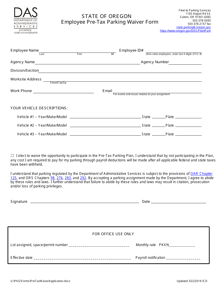 Employee Pre-tax Parking Waiver Form - Oregon, Page 1