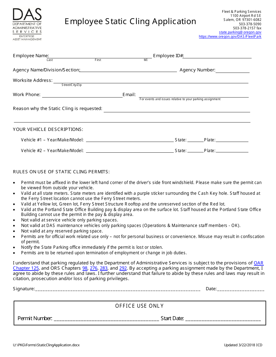 Employee Static Cling Application - Oregon, Page 1