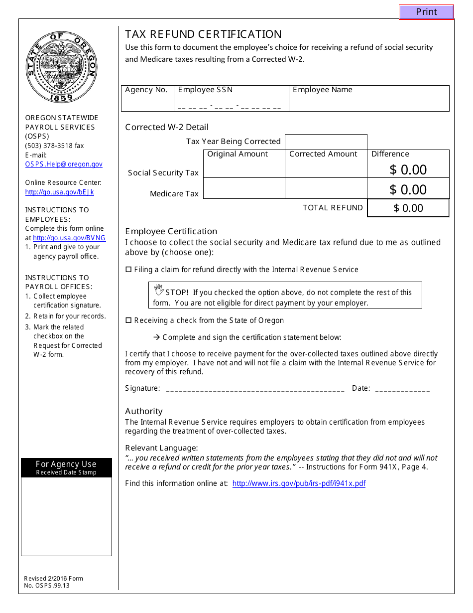 Form OSPS.99.13 Tax Refund Certification - Oregon, Page 1