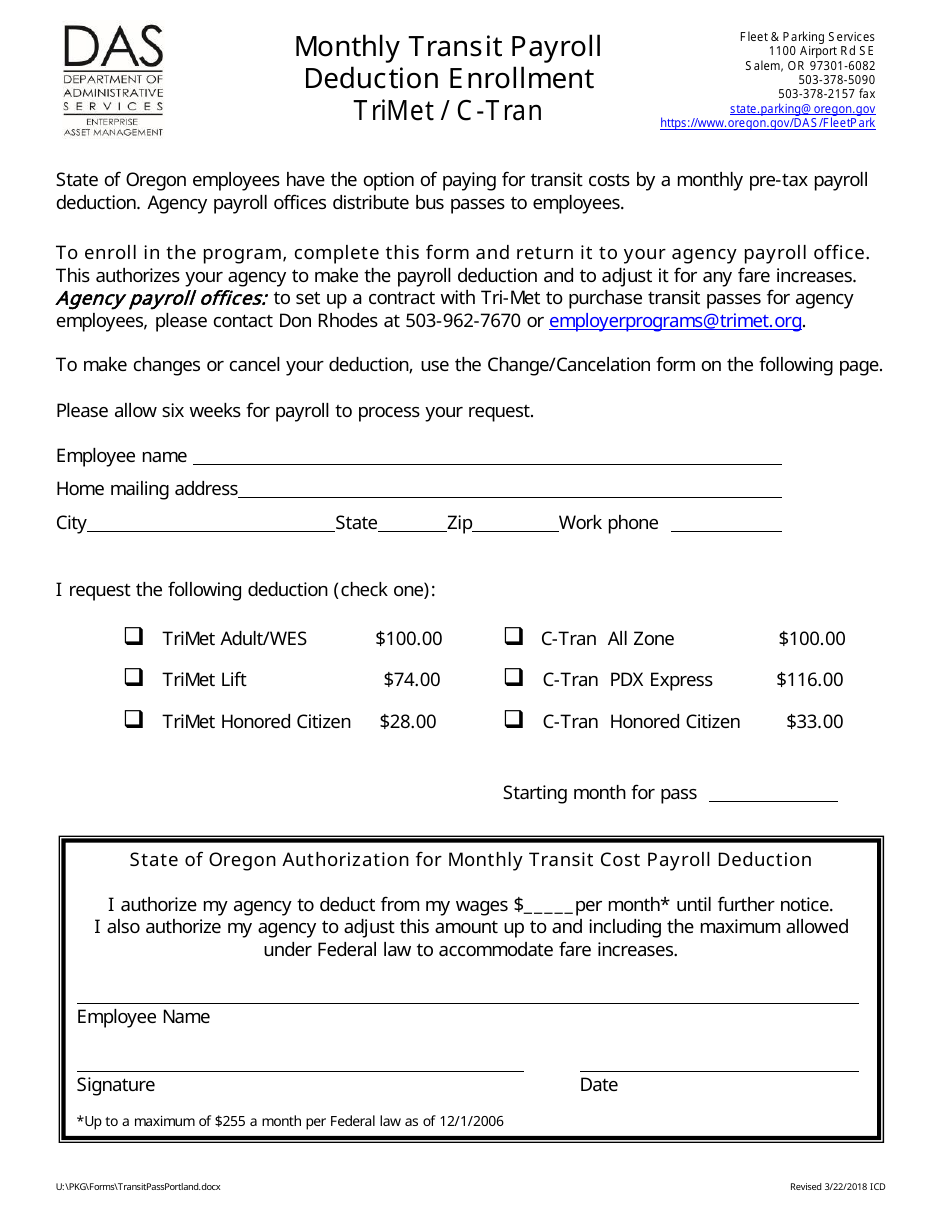 Monthly Transit Payroll Deduction Enrollment (Trimet / C-Tran) - Oregon, Page 1