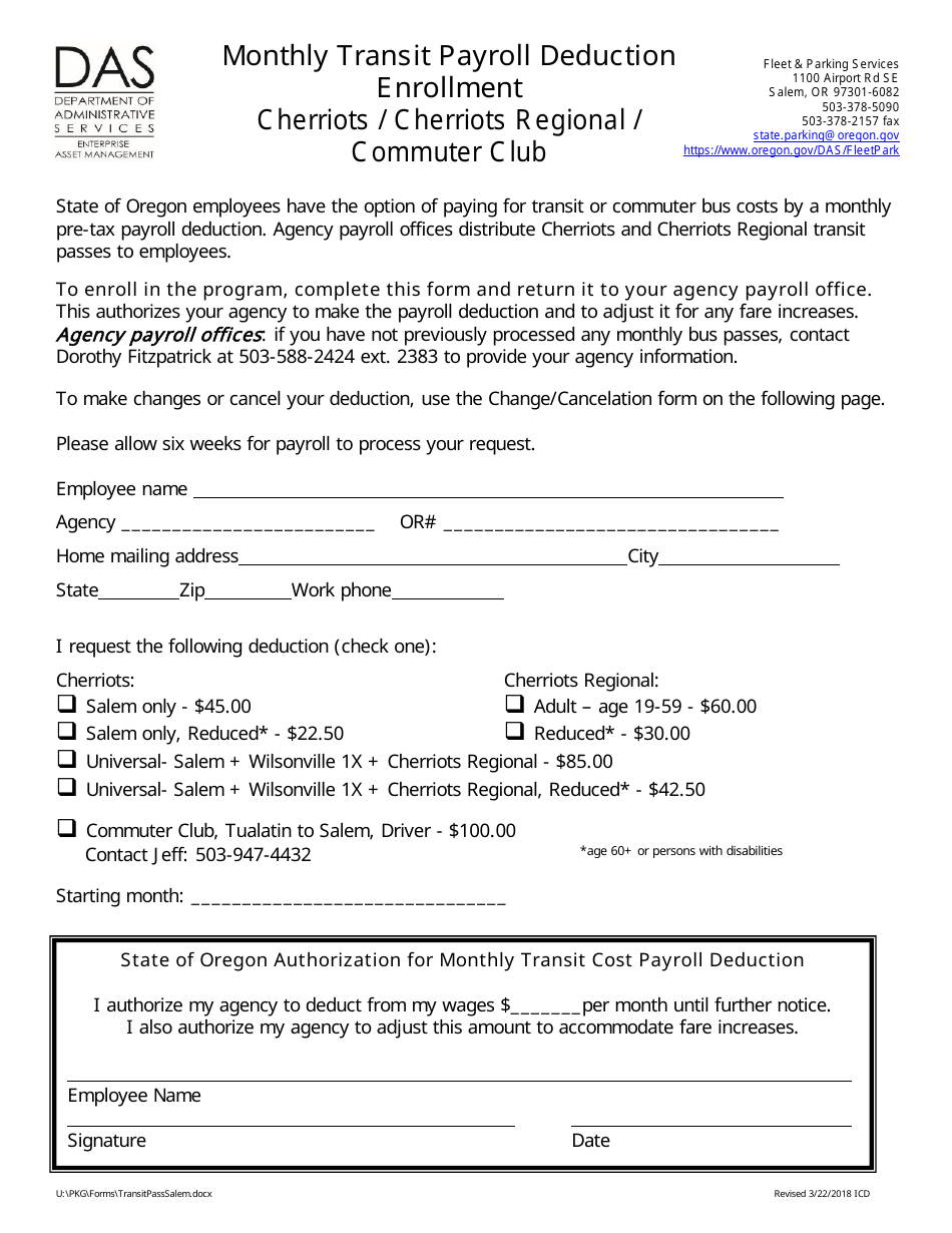 Monthly Transit Payroll Deduction Enrollment Cherriots / Cherriots Regional / Commuter Club - Oregon, Page 1