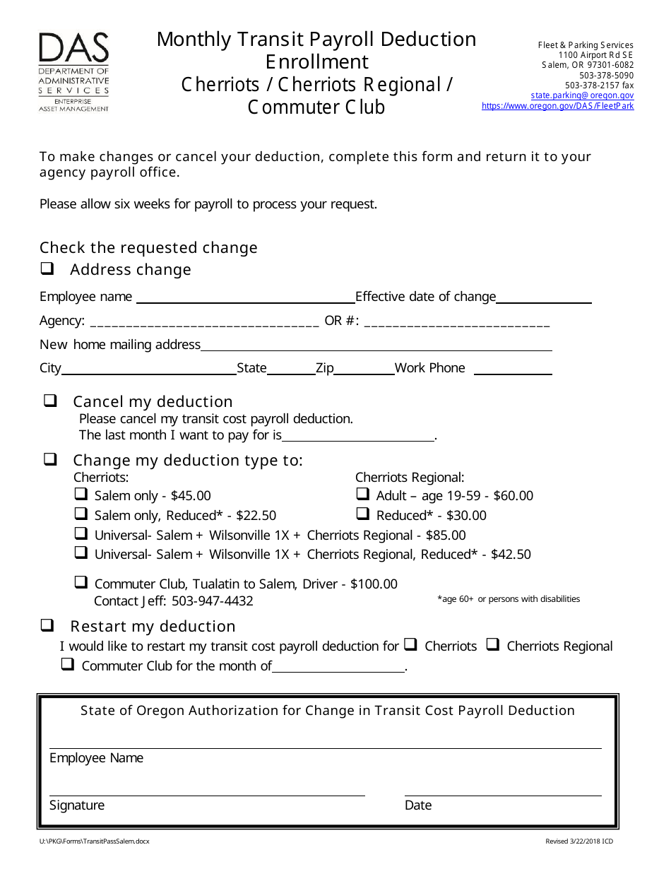 Monthly Transit Payroll Deduction Enrollment Cherriots / Cherriots Regional / Commuter Club - Oregon, Page 2