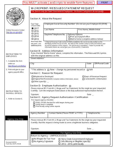 Form OSPS.9904 W-2 Reprint/Reissued Statement Request - Oregon