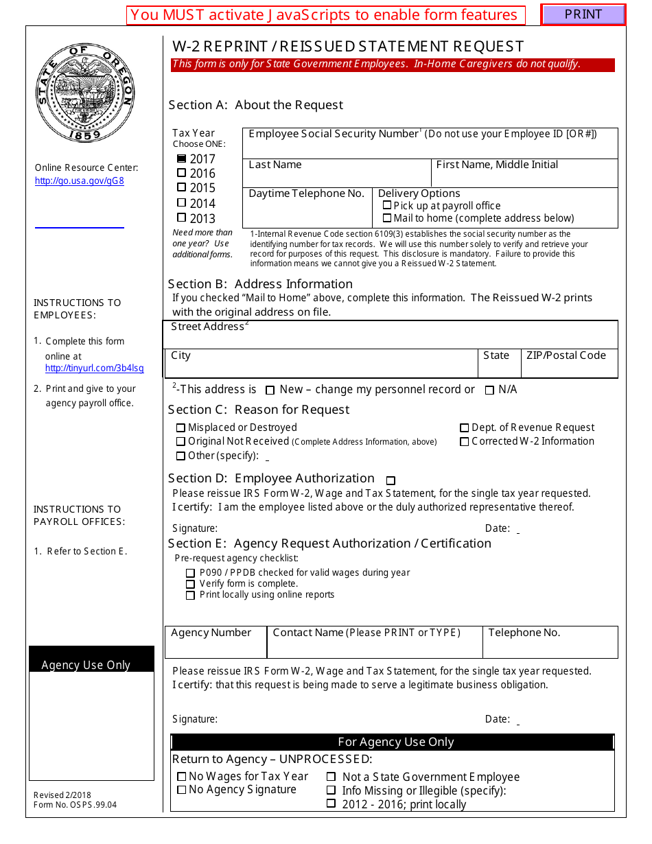 Form OSPS.9904 W-2 Reprint / Reissued Statement Request - Oregon, Page 1