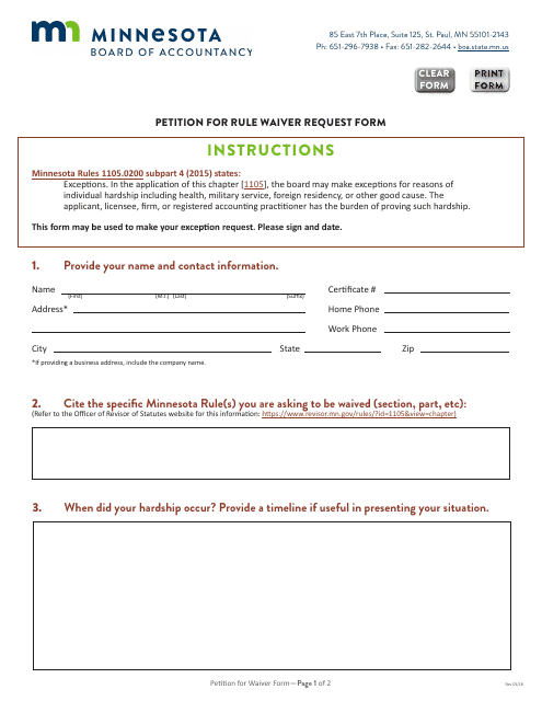 Petition for Rule Waiver Request Form - Minnesota Download Pdf