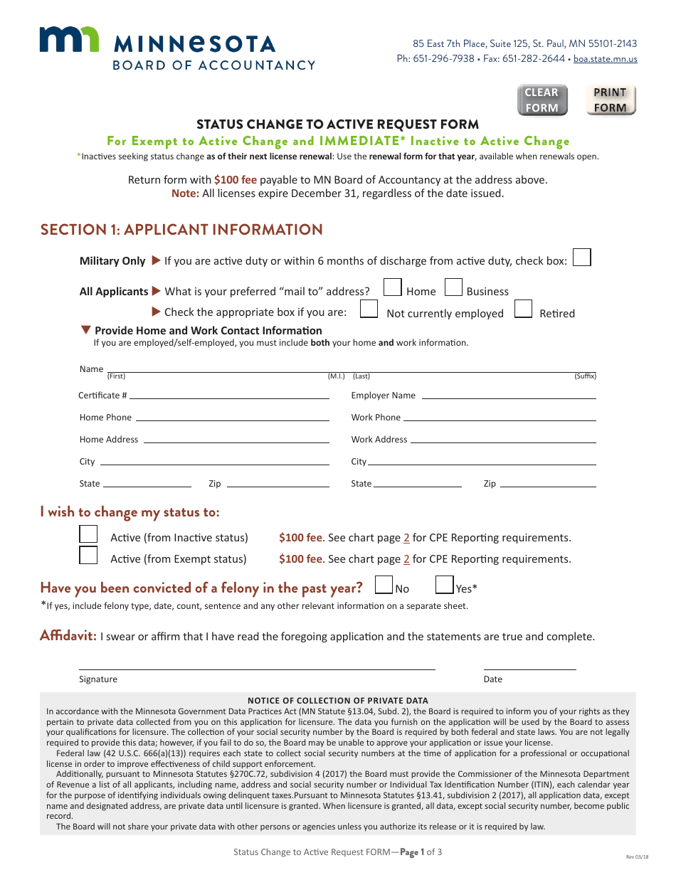 Status Change to Active Request Form - Minnesota, Page 1