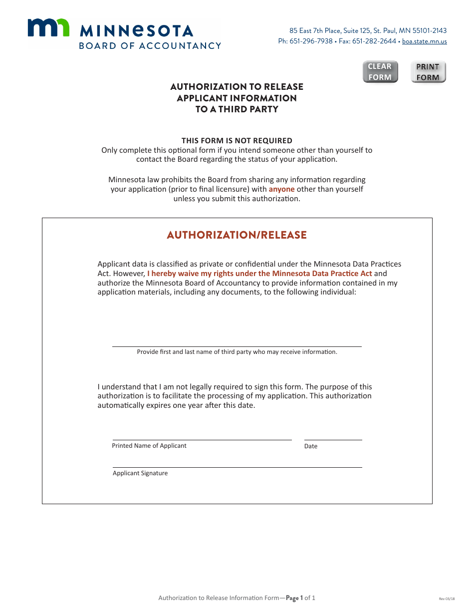 Authorization to Release Applicant Information to a Third Party - Minnesota, Page 1