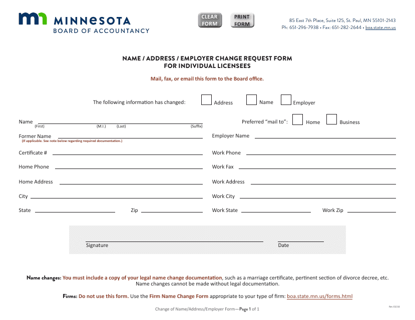 Name / Address / Employer Change Request Form for Individual Licensees - Minnesota Download Pdf