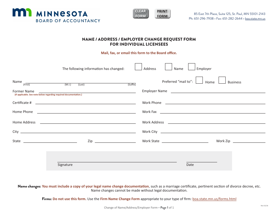 Minnesota Name / Address / Employer Change Request Form for Individual