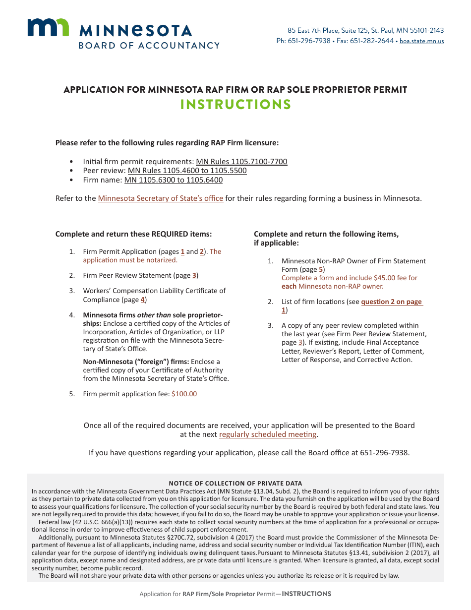 Application for Minnesota Rap Firm Firm or Rap Sole Proprietor Permit - Minnesota, Page 1