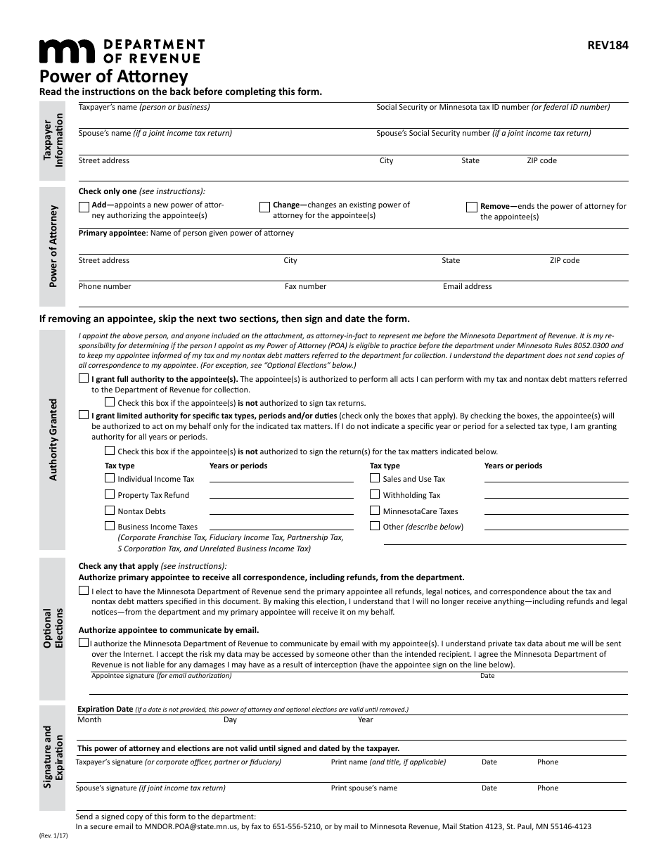 Form REV184 Power of Attorney - Minnesota, Page 1