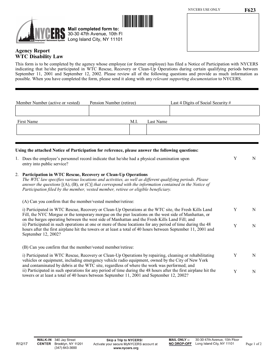 Form F623 Agency Report Wtc Disability Law - New York City, Page 1