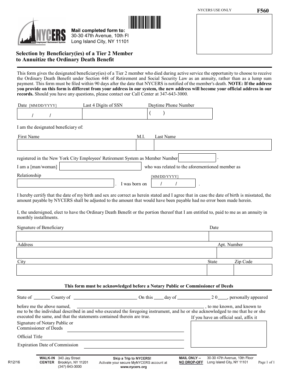Form F560 Selection by Beneficiary(Ies) of a Tier 2 Member to Annuitize the Ordinary Death Benefit - New York City, Page 1