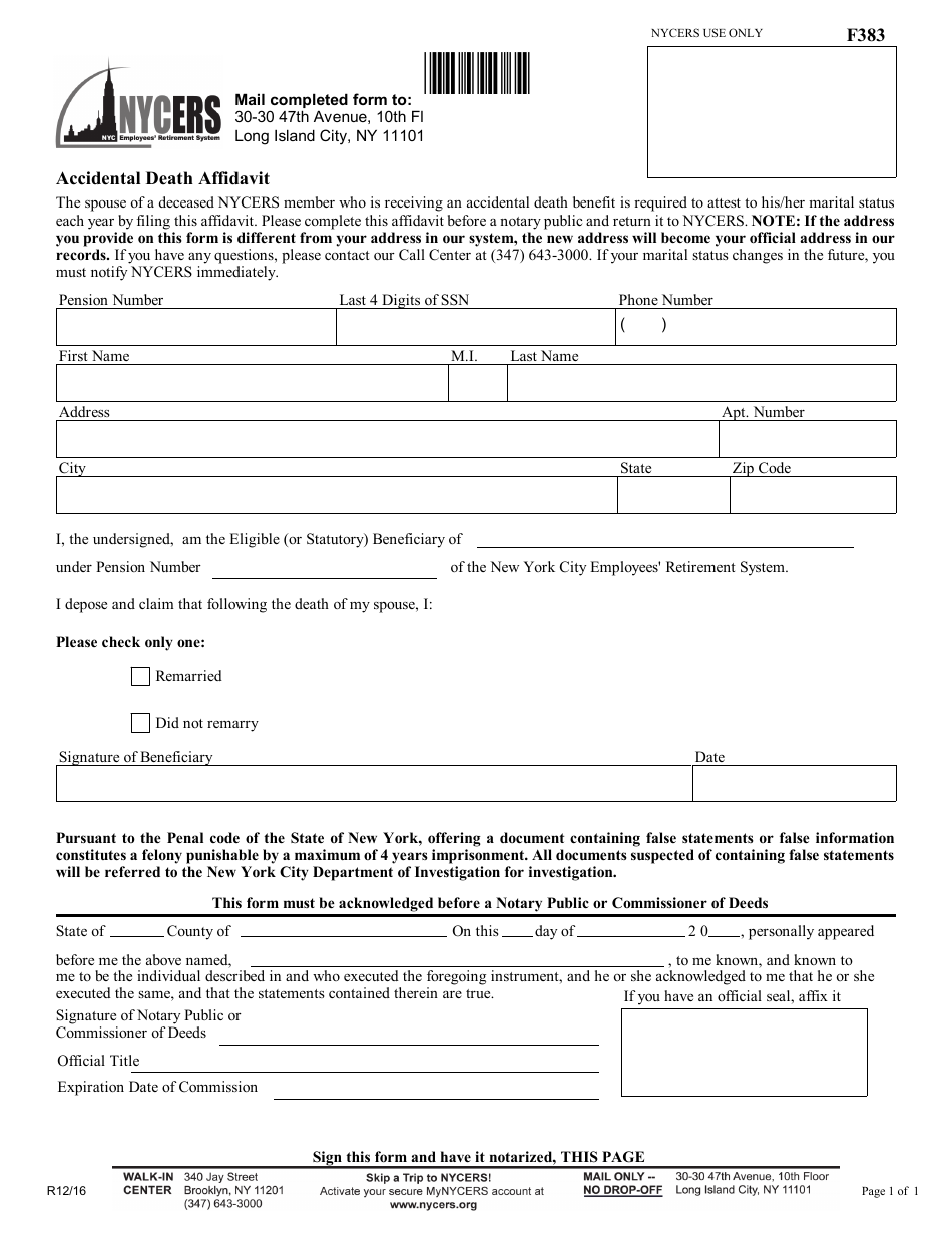 Form F383 Accidental Death Affidavit - New York City, Page 1