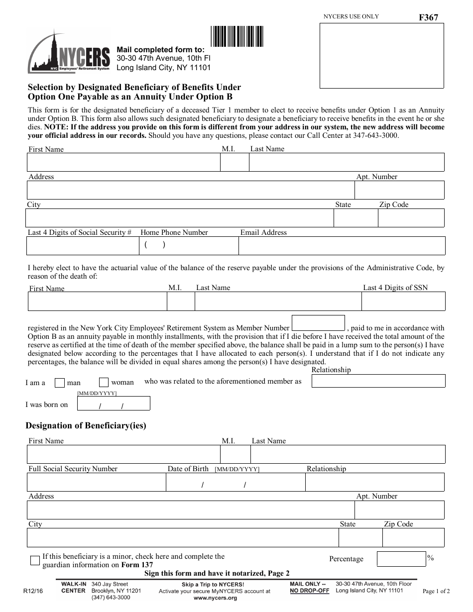 Form F367 Selection by Designated Beneficiary of Benefits Under Option One Payable as an Annuity Under Option B - New York City, Page 1