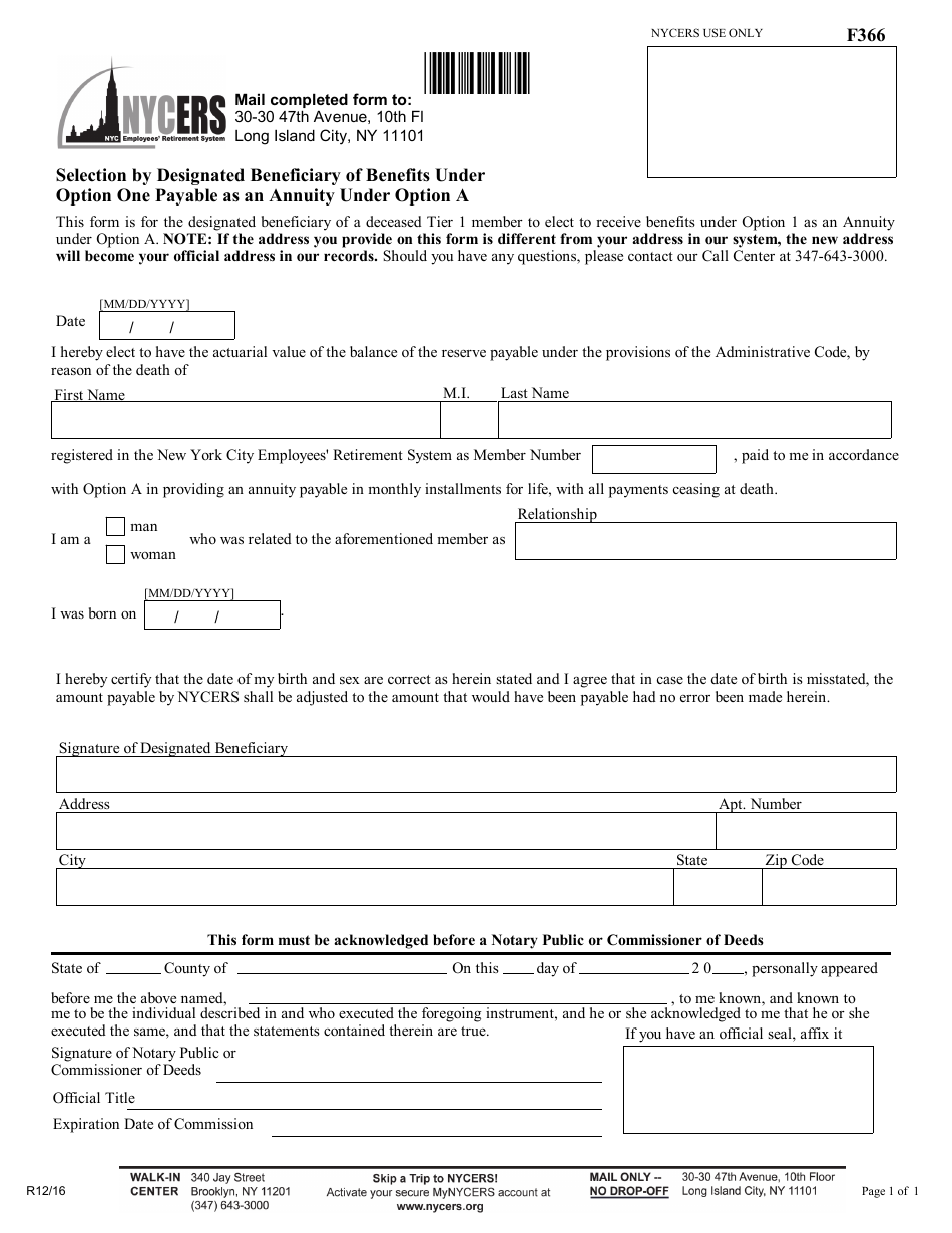 Form F366 Selection by Designated Beneficiary of Benefits Under Option One Payable as an Annuity Under Option a - New York City, Page 1