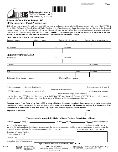 Form F360 Release of Claim Under Section 1310 of the Surrogate's Court Procedure Act - New York City