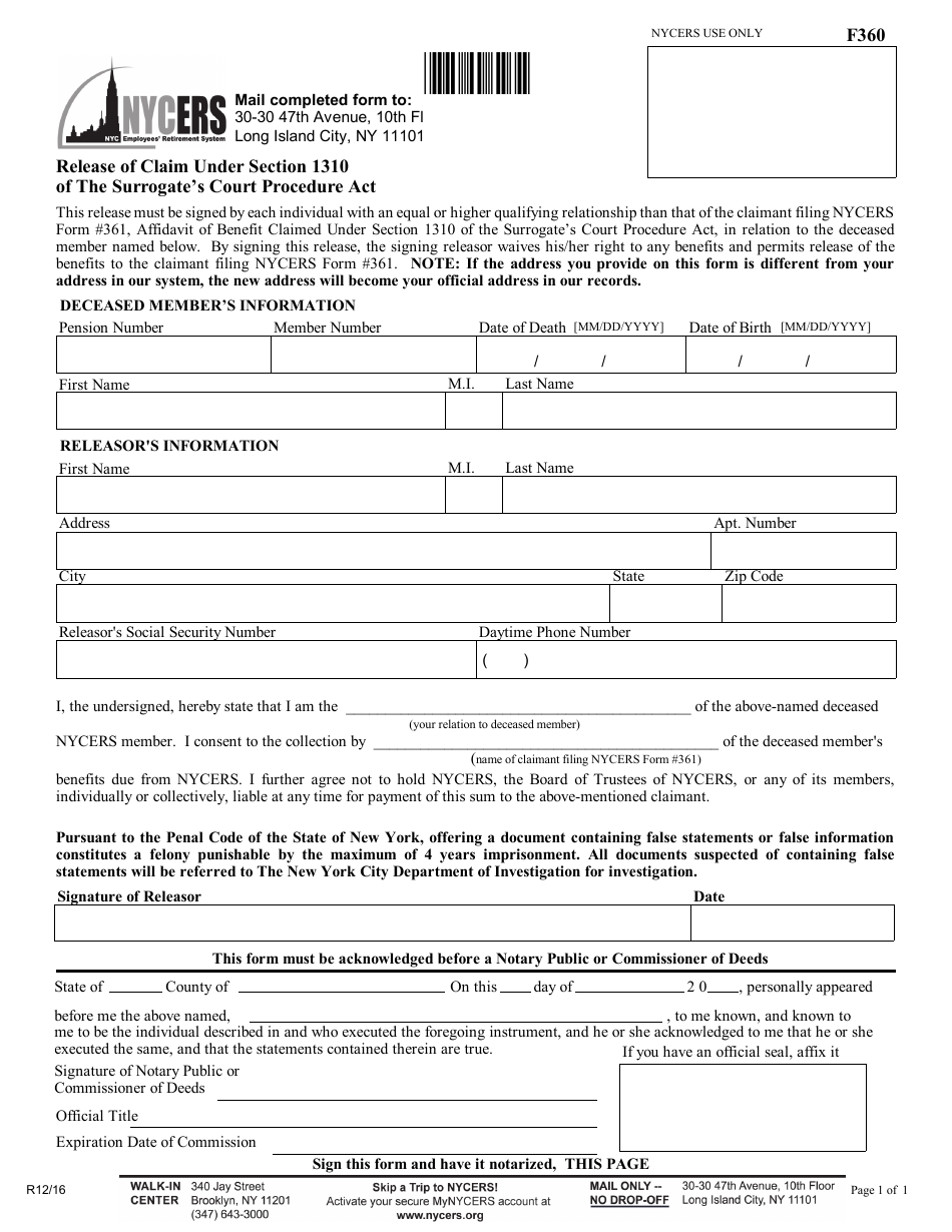 Form F360 Release of Claim Under Section 1310 of the Surrogates Court Procedure Act - New York City, Page 1