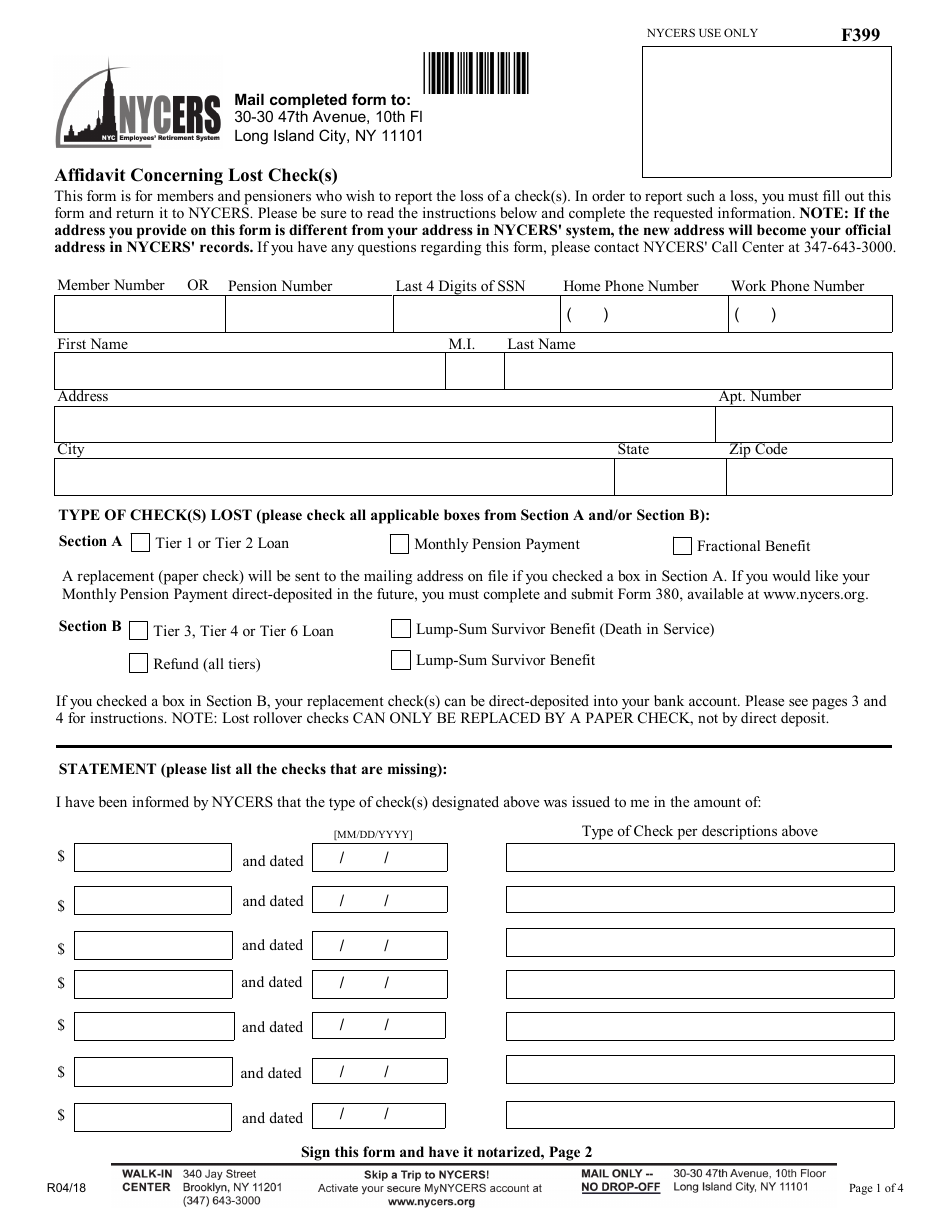 Form F399 Affidavit Concerning Lost Check(S) - New York City, Page 1