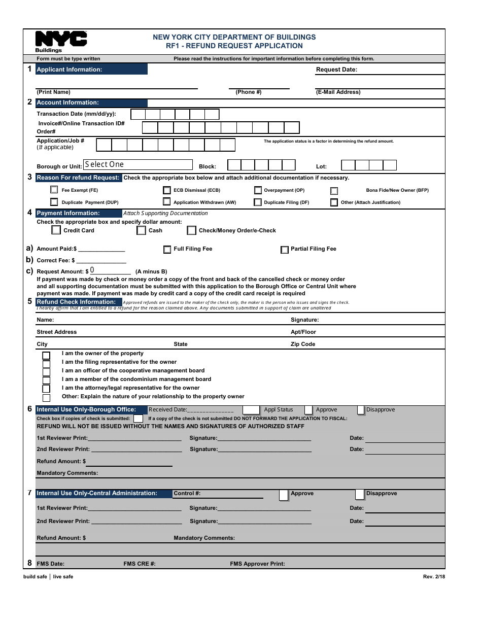 Form RF1 Refund Request Application - New York City, Page 1