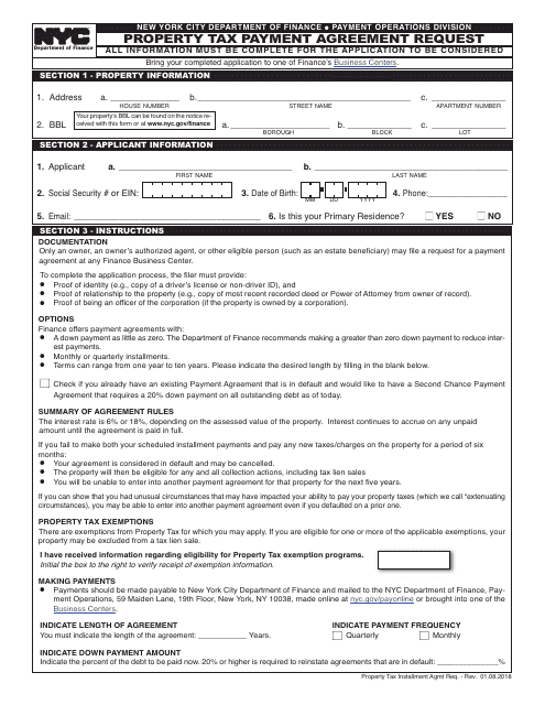 Property Tax Payment Agreement Request - New York City Download Pdf