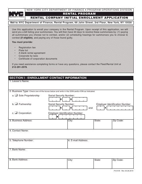 Form PV-0105 Rental Company Initial Enrollment Application - New York City