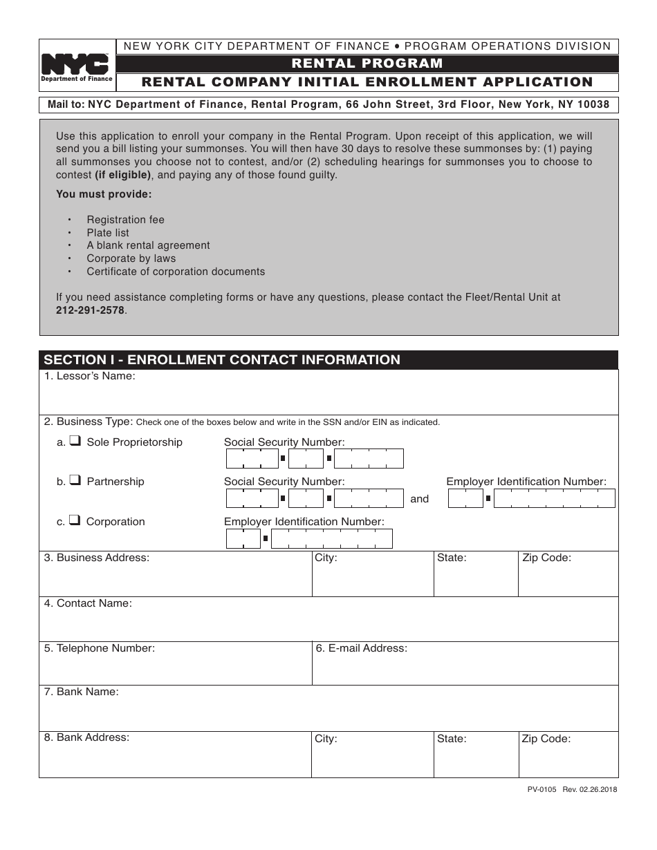 Form PV-0105 Rental Company Initial Enrollment Application - New York City, Page 1