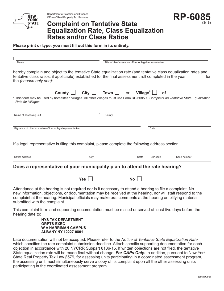 Form RP-6085 Complaint on Tentative State Equalization Rate, Class Equalization Rates and / or Class Ratios - New York, Page 1