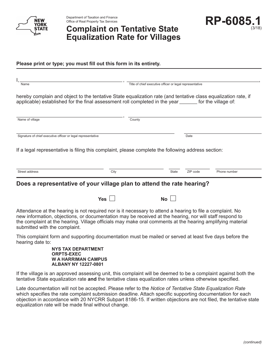 Form RP-6085.1 Complaint on Tentative State Equalization Rate for Villages - New York, Page 1