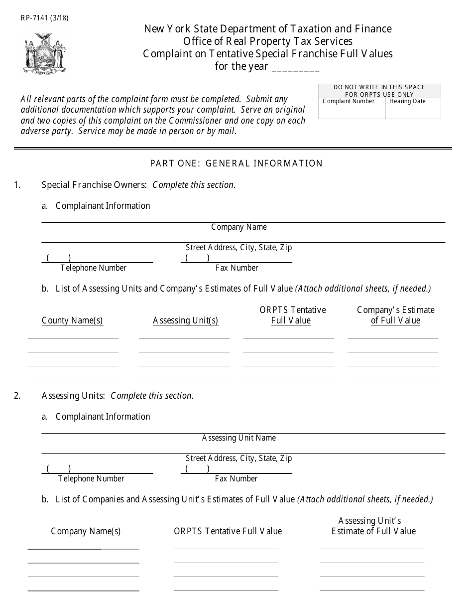 Form RP-7141 Complaint on Tentative Special Franchise Full Values - New York, Page 1