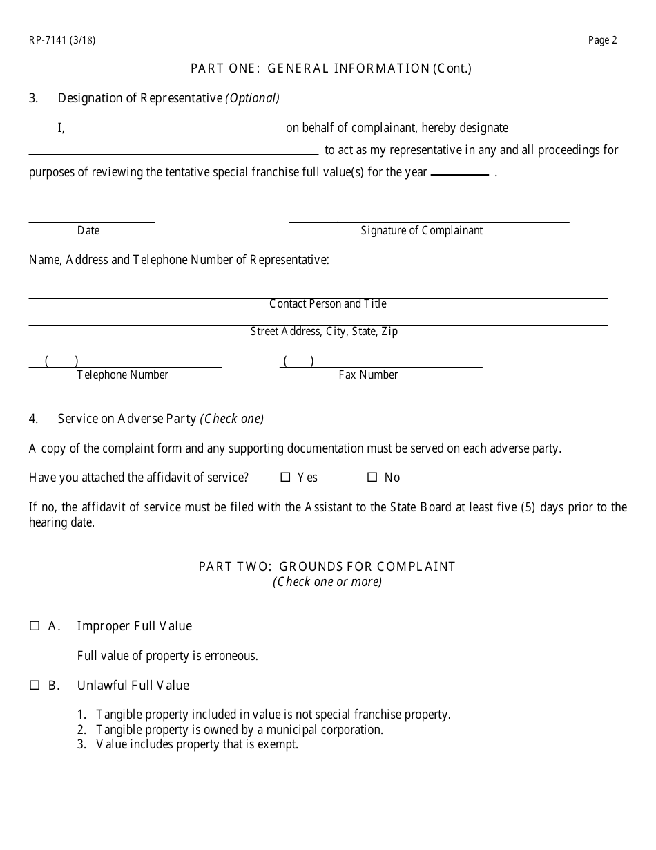Form RP-7141 Complaint on Tentative Special Franchise Full Values - New York, Page 2