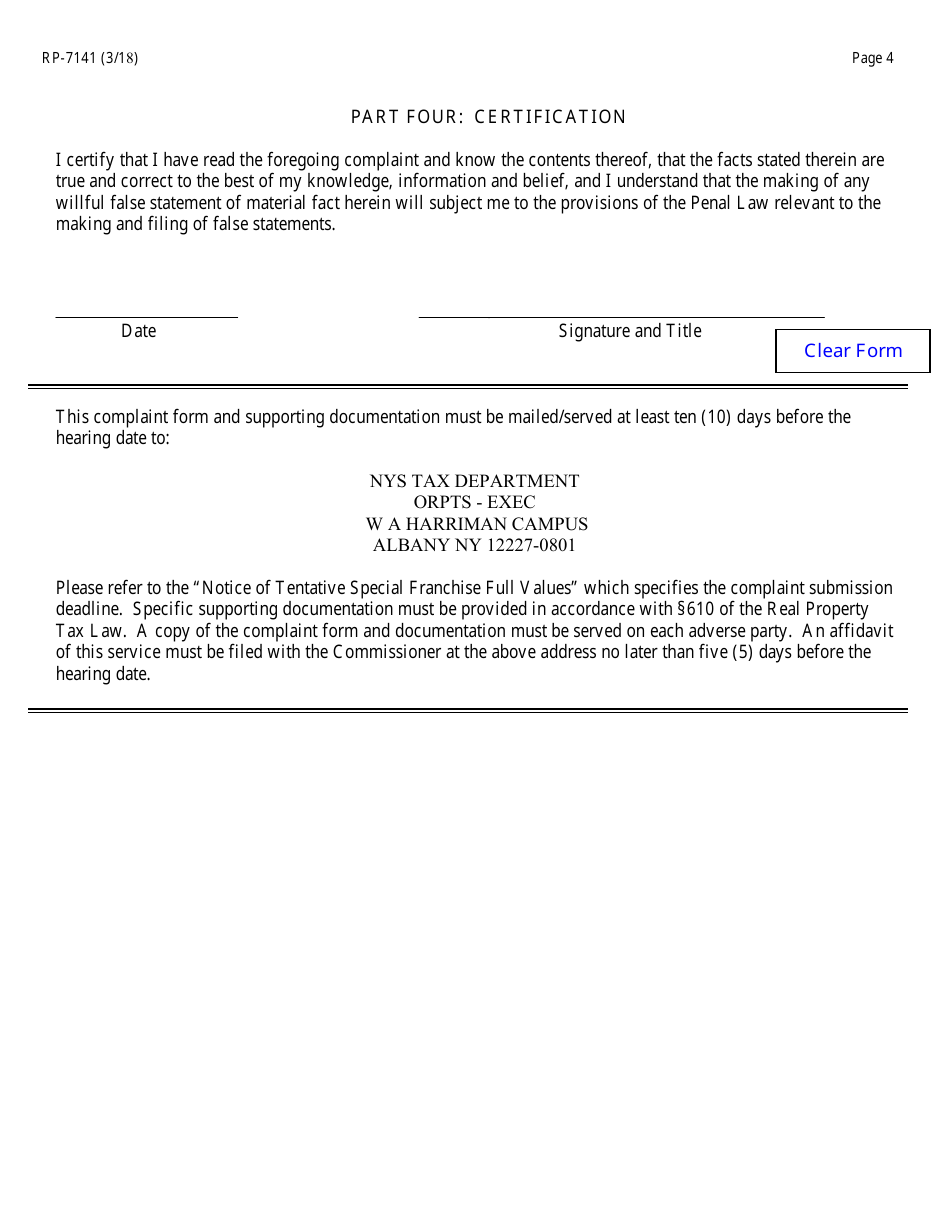 Form RP-7141 Complaint on Tentative Special Franchise Full Values - New York, Page 4