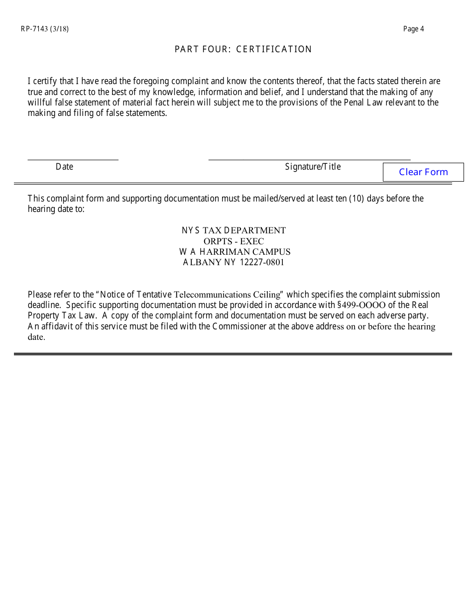 Form RP-7143 Complaint on Tentative Telecommunications Ceiling - New York, Page 4
