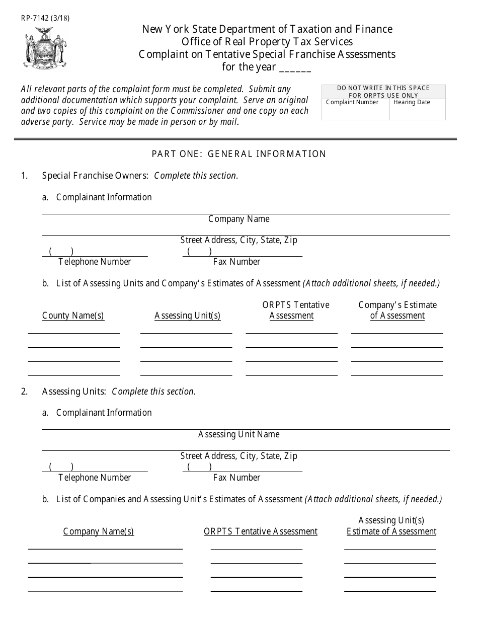 Form RP-7142 Complaint on Tentative Special Franchise Assessments - New York, Page 1