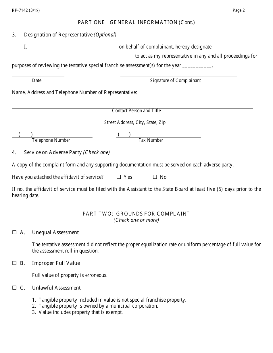 Form RP-7142 Complaint on Tentative Special Franchise Assessments - New York, Page 2