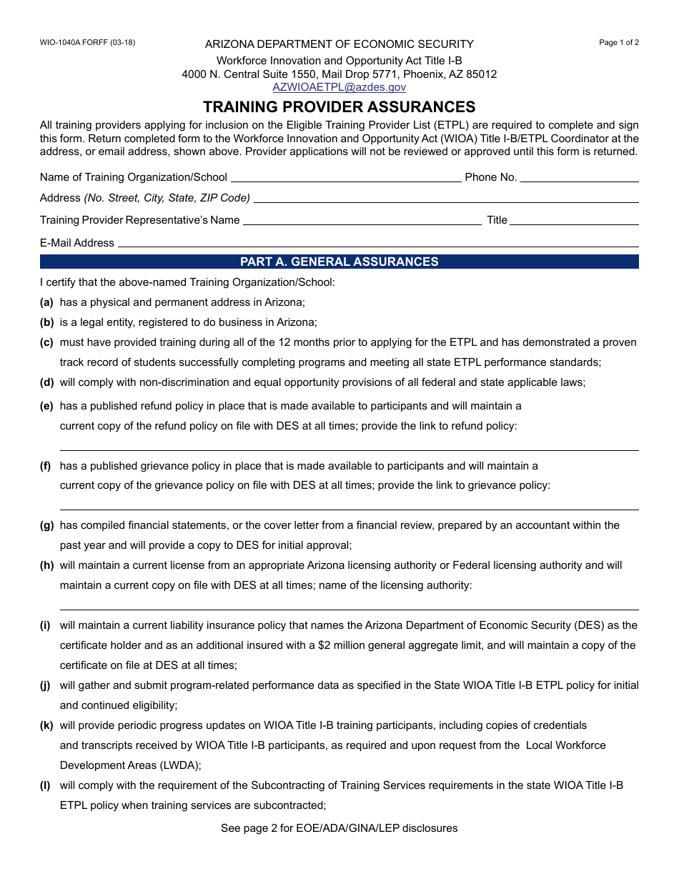 Form WIO-1040A Training Provider Assurances - Arizona, Page 1