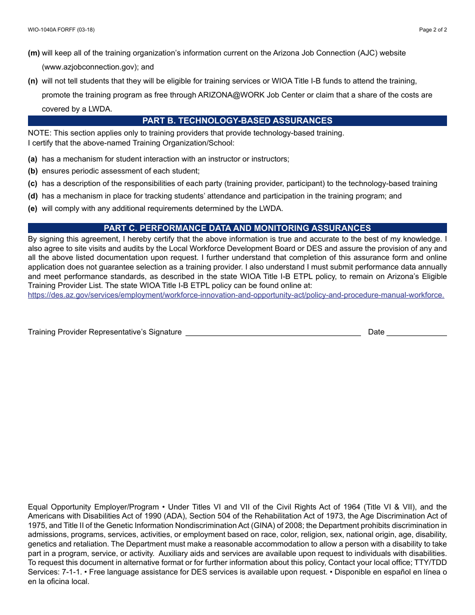 Form WIO-1040A Training Provider Assurances - Arizona, Page 2